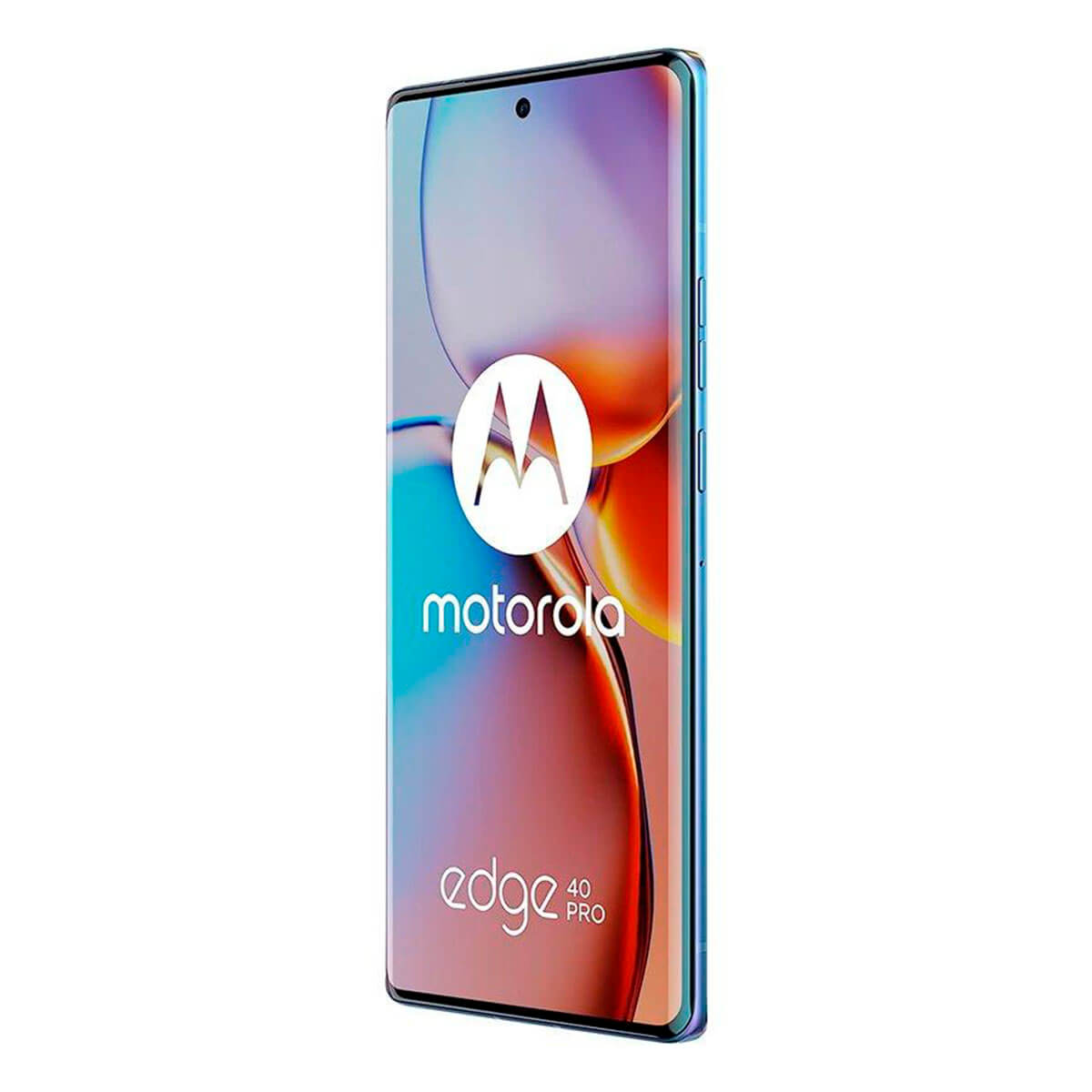 Een blauwe Motorola Edge 40 Pro smartphone met Motorola logo en tekst.