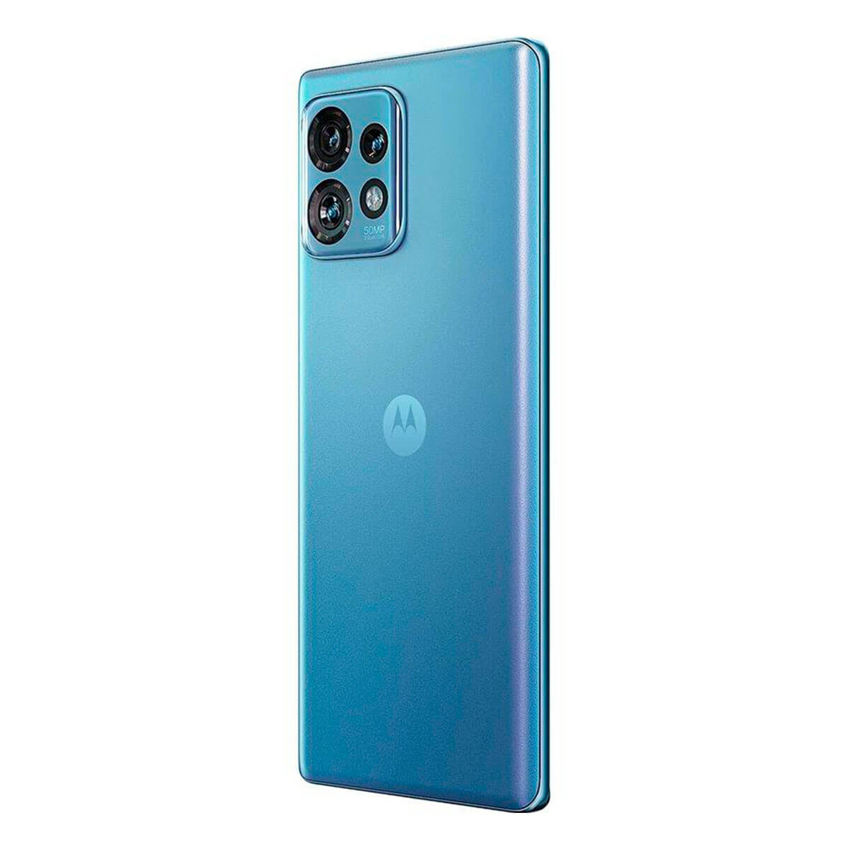 Een blauwe Motorola smartphone met drievoudige camera en Motorola-logo.
