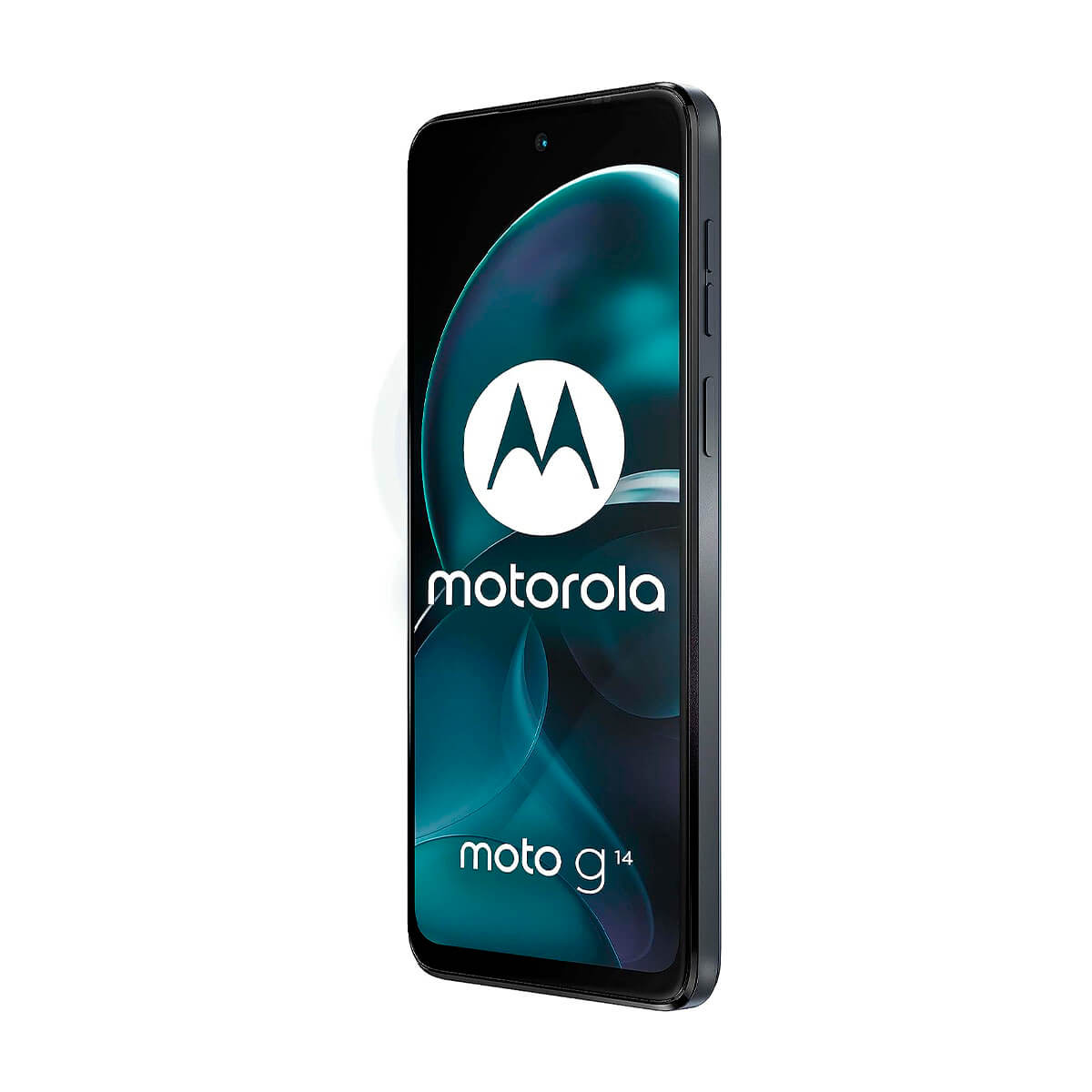 Uno smartphone Motorola Moto G14 su sfondo bianco.