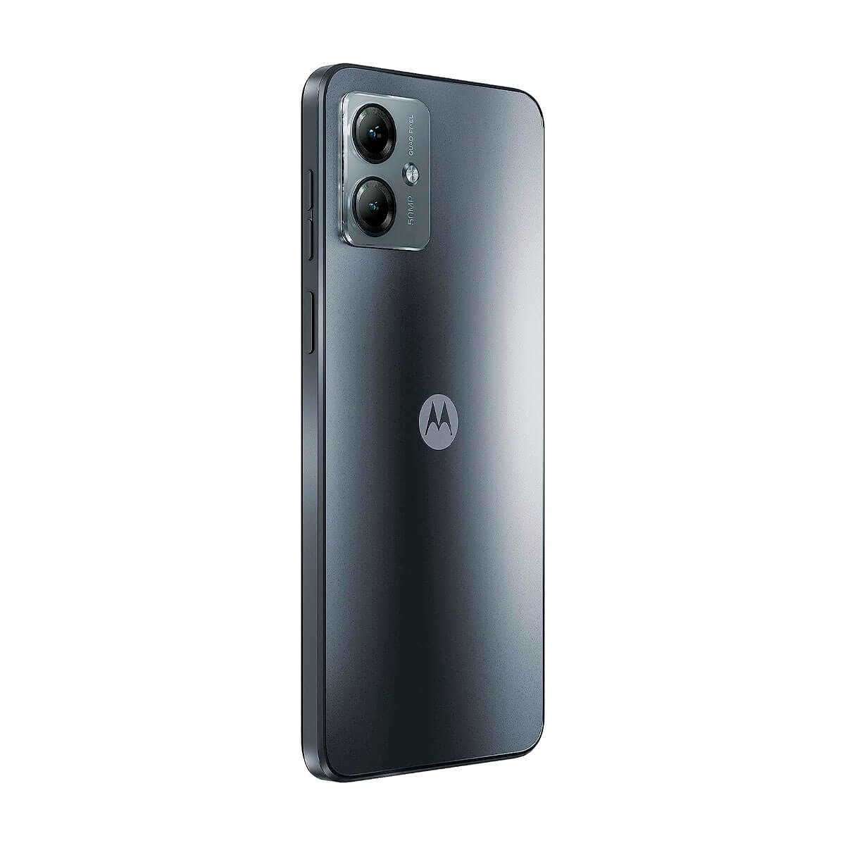 Smartphone Motorola grigio scuro con fotocamera quad e logo "M".