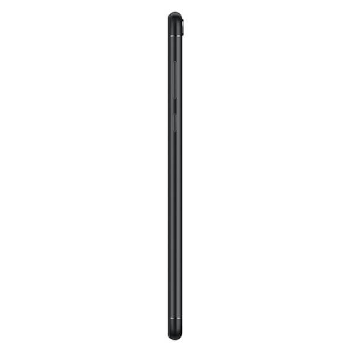 Schwarzes Smartphone im Seitenprofil auf weißem Hintergrund.