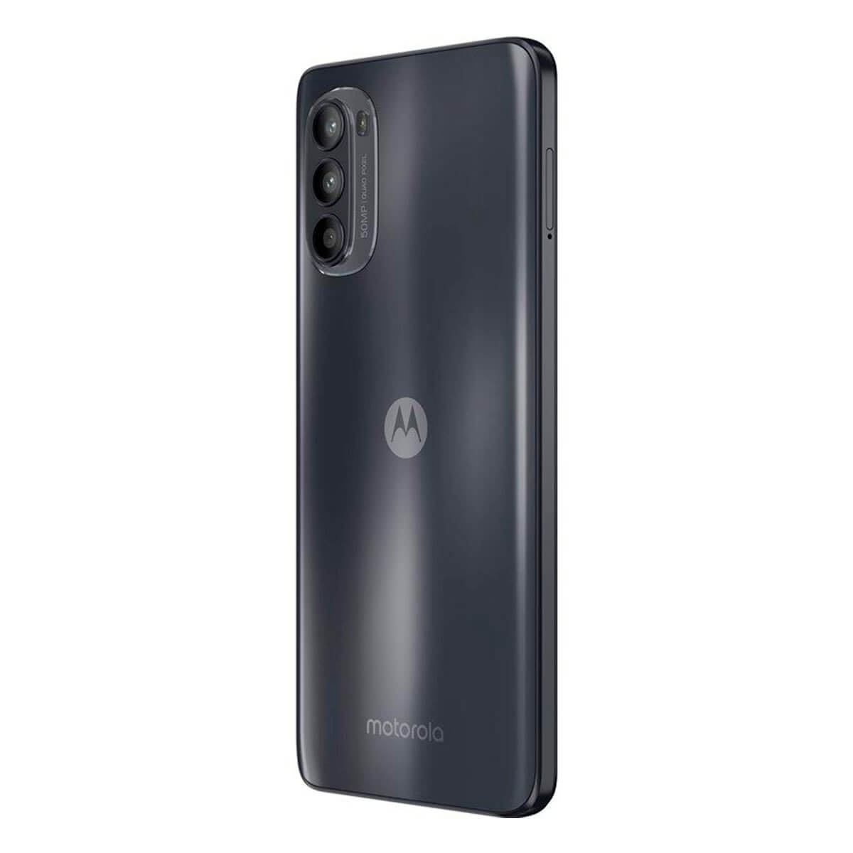 Dunkelgraues Motorola-Smartphone mit 50MP Quad Pixel Kamera und Logo.