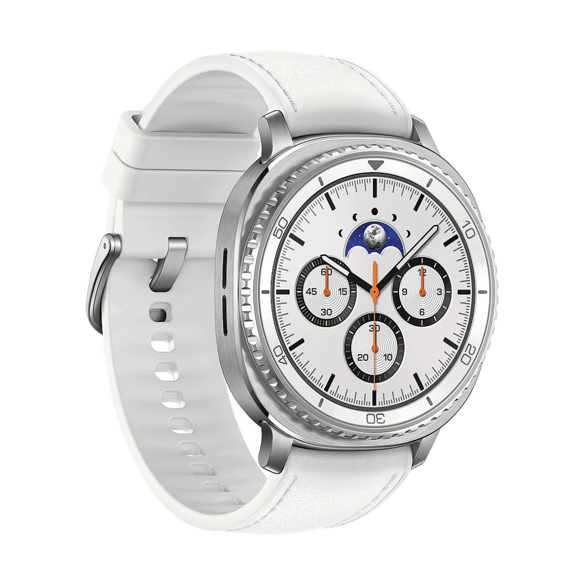 Een witte smartwatch met zilveren kast en maanfasen-display.