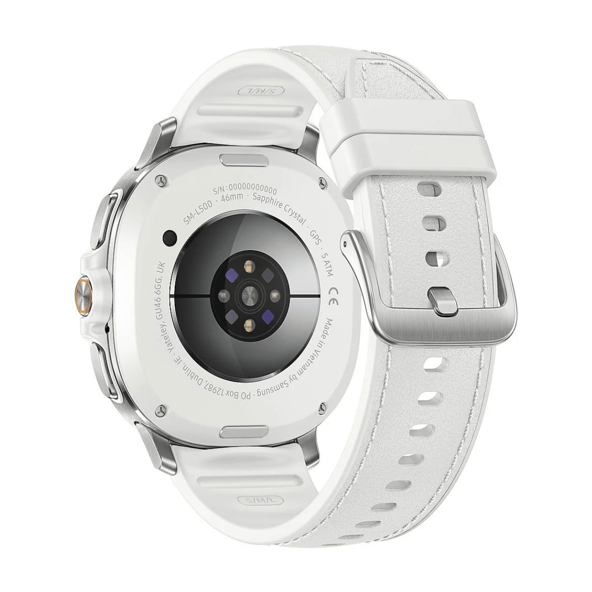Achterkant van een wit smartwatch met zilveren gesp en witte band. Hartslagsensoren zichtbaar.