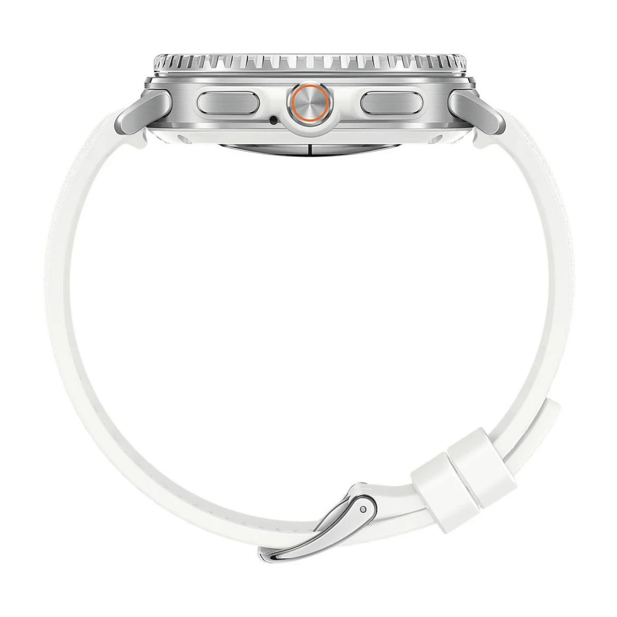 Zilverkleurig smartwatch met wit bandje, met zijknoppen en een getextureerde rand.