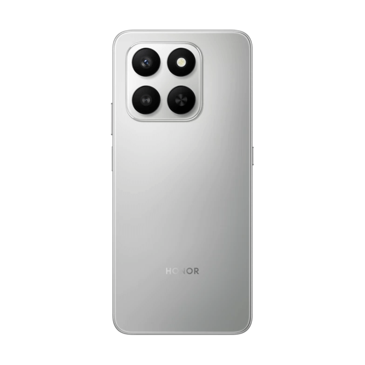 Rückseite eines silbernen Smartphones mit vier Kameras und dem HONOR-Logo.