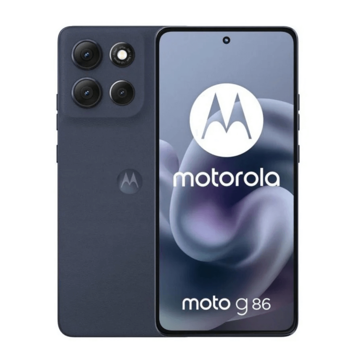 Dunkelblaues Motorola Moto G86 Smartphone mit vier Kameras auf der Rückseite.