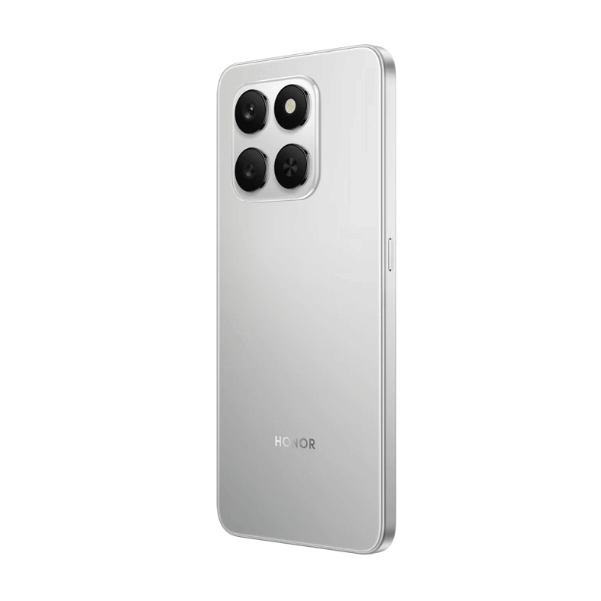 Silbernes Smartphone mit vier Kameras auf der Rückseite. Das Honor-Logo ist unten angebracht.