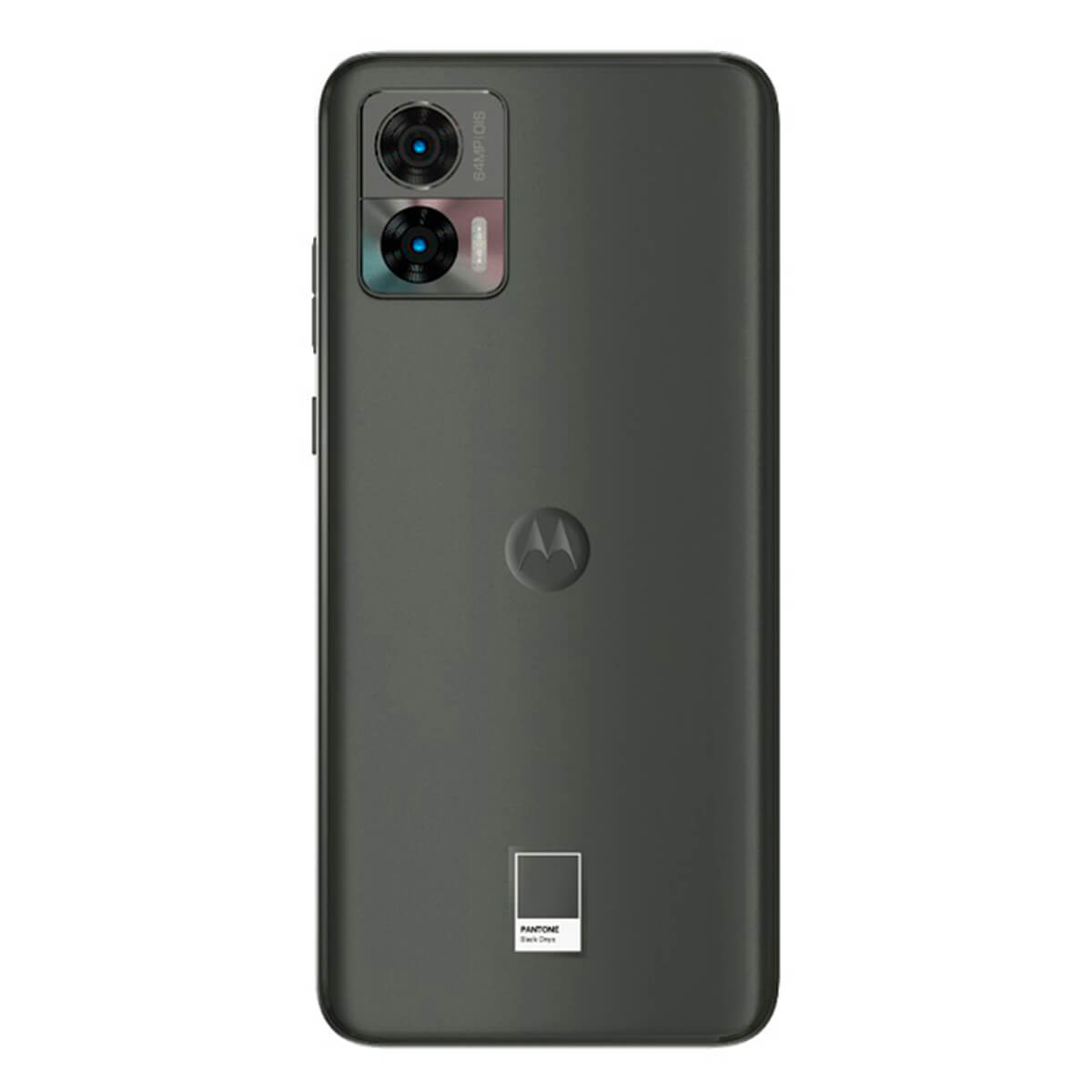 Tył ciemnego smartfona Motorola z podwójnym aparatem i logo Pantone.