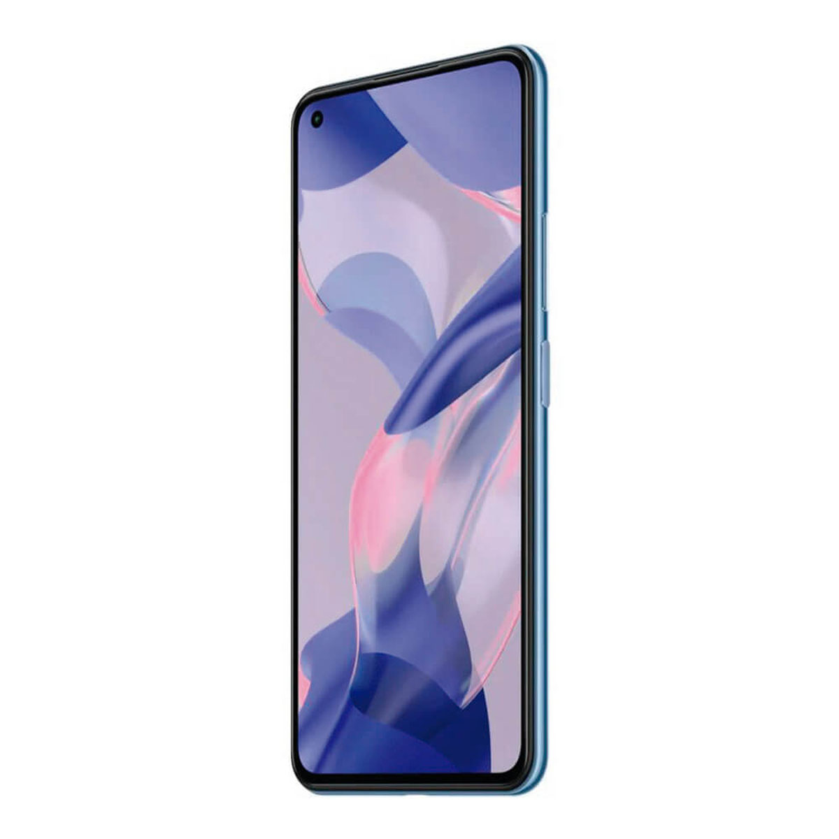 Ein blaues Smartphone mit einem abstrakten Hintergrund auf dem Bildschirm.