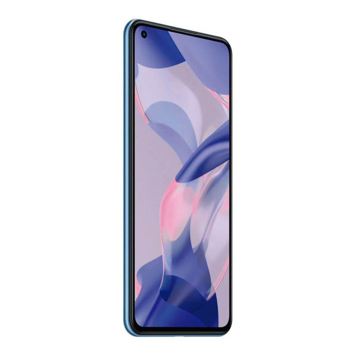 Ein blaues Smartphone mit einem abstrakten, bunten Hintergrund auf dem Bildschirm.