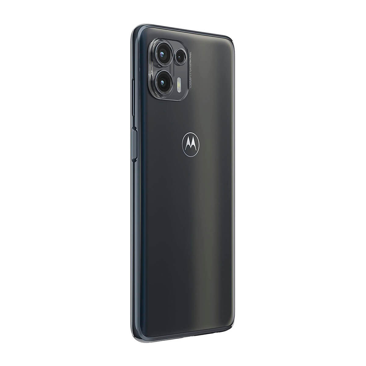 Dark grey Motorola smartphone rear view, triple camera, logo.