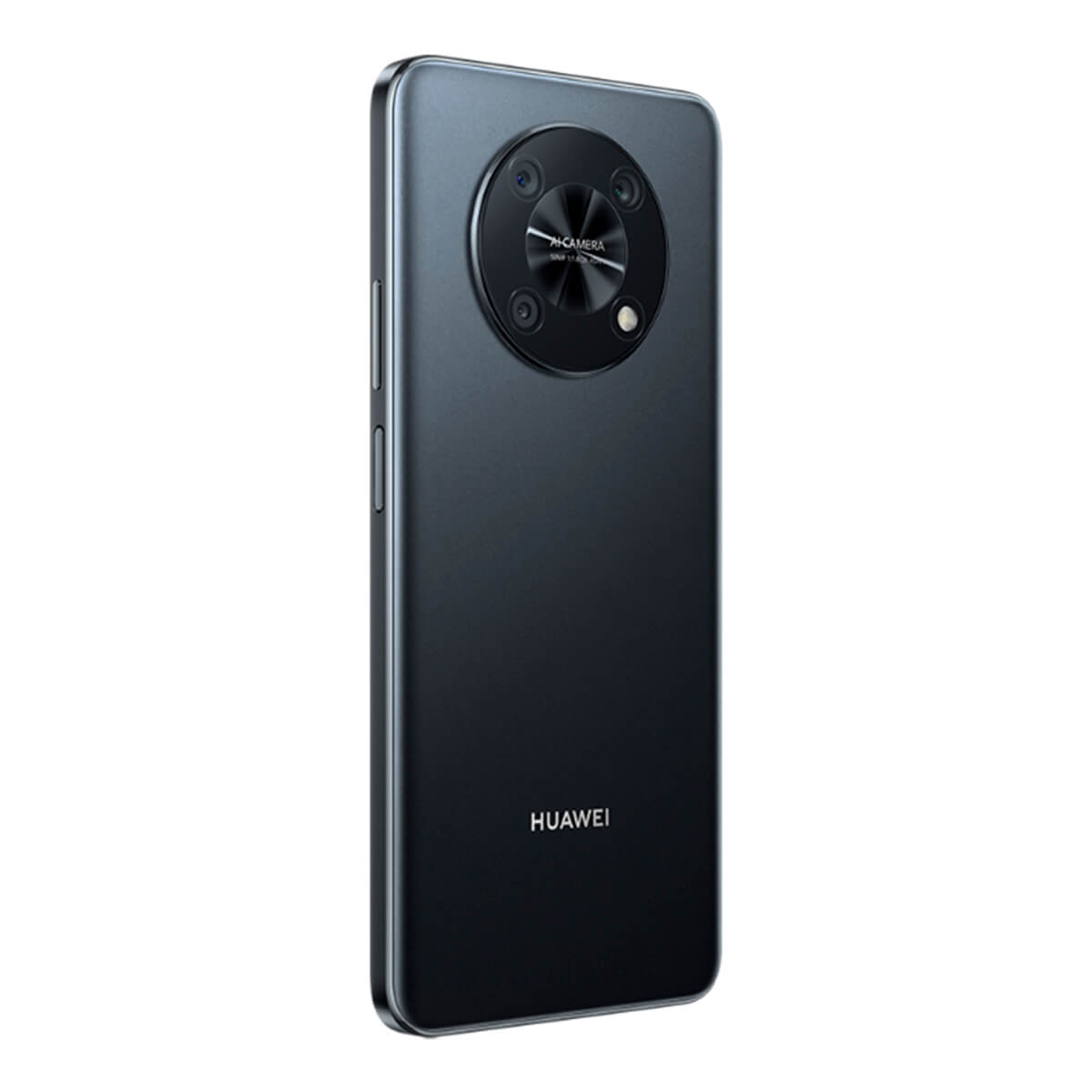 Smartphone Huawei gris foncé avec module caméra rond au dos.