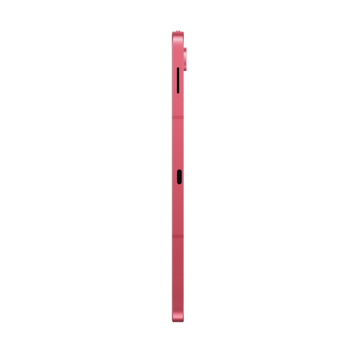 Un tablet rosa in vista laterale su sfondo bianco.