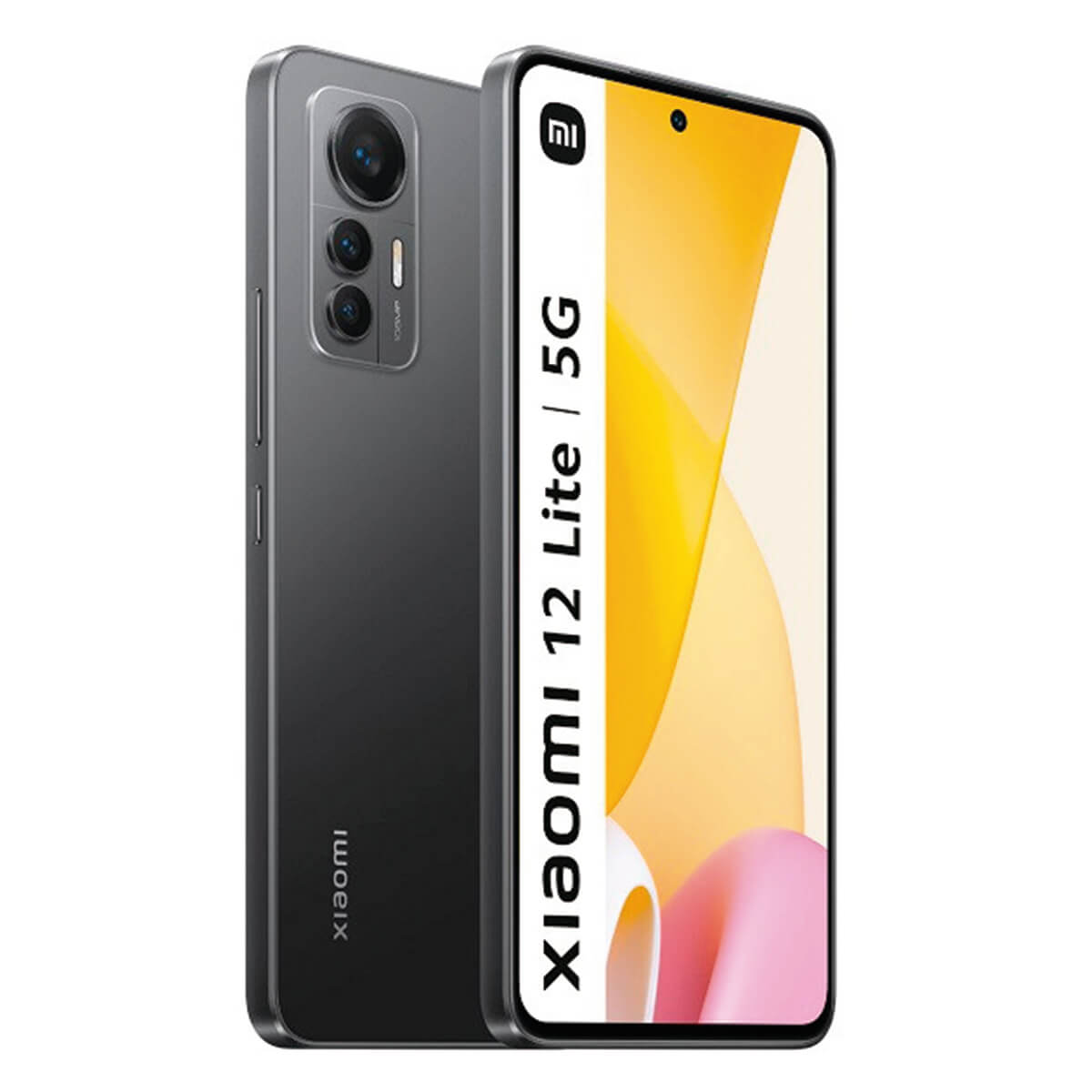 Szary smartfon Xiaomi 12 Lite 5G, widok z przodu i z tyłu.