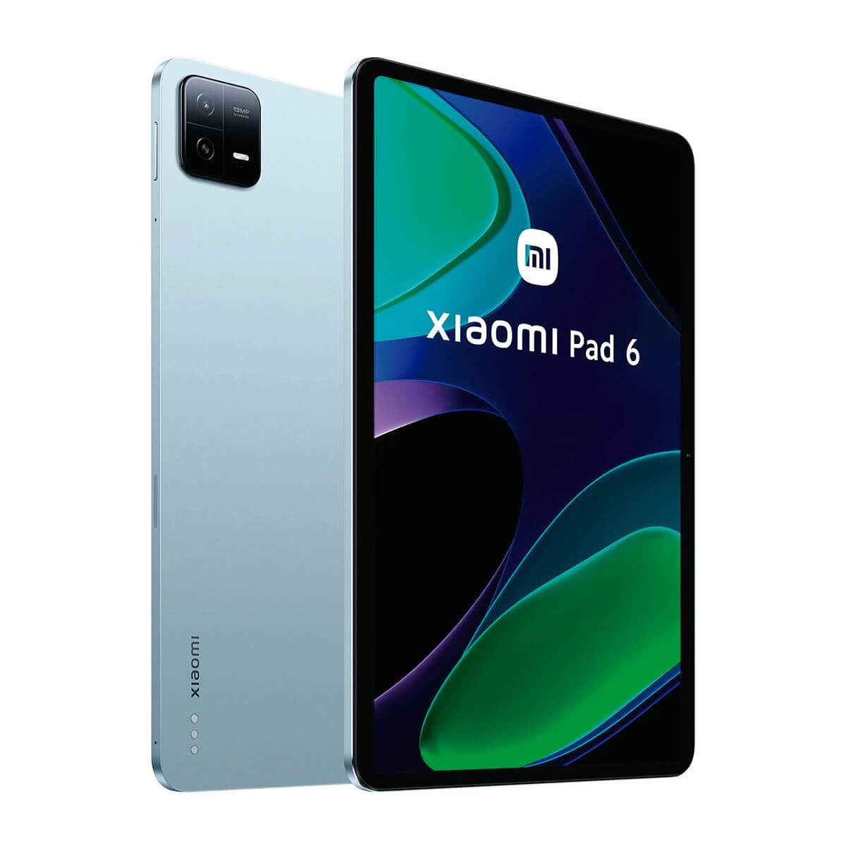 Ein hellblaues Xiaomi Pad 6 Tablet mit Kamera und futuristischem Hintergrund.