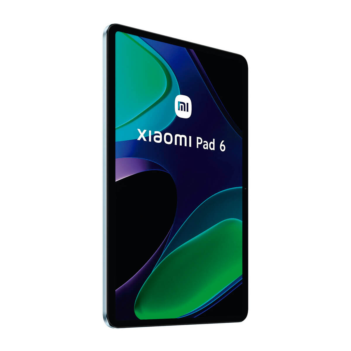 Ein Xiaomi Pad 6 Tablet mit einem abstrakten Hintergrund in Blau-, Grün- und Violetttönen.