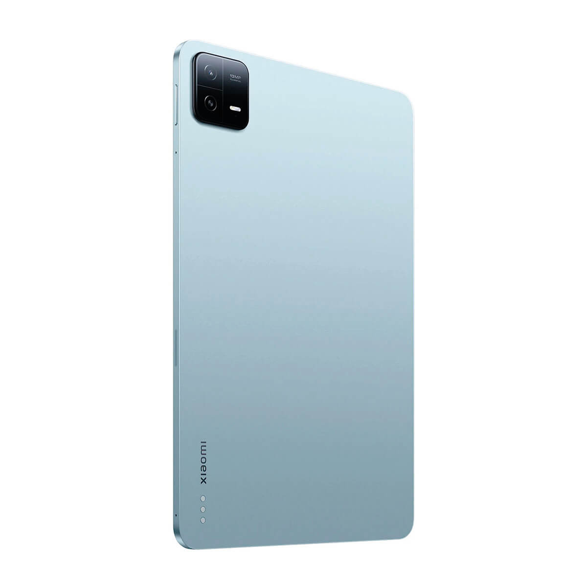 Ein hellblaues Tablet mit einer schwarzen Kameralinse oben links auf der Rückseite.