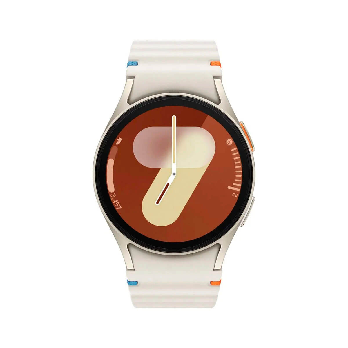 Een witte smartwatch met oranje en blauwe accenten op de band en een wijzerplaat met het cijfer 9.