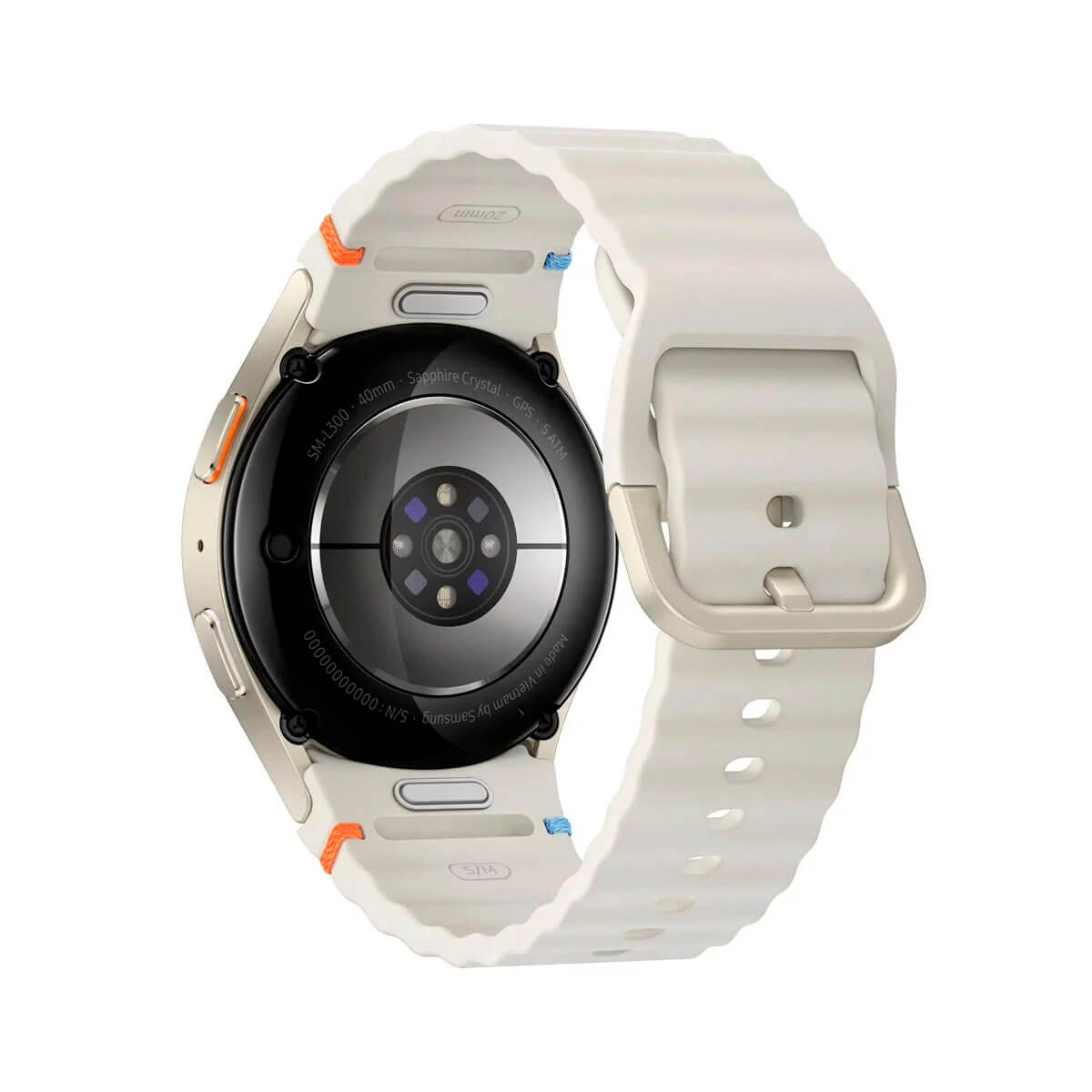 Achterkant van een witte smartwatch met zilveren kast en gesp, close-up.