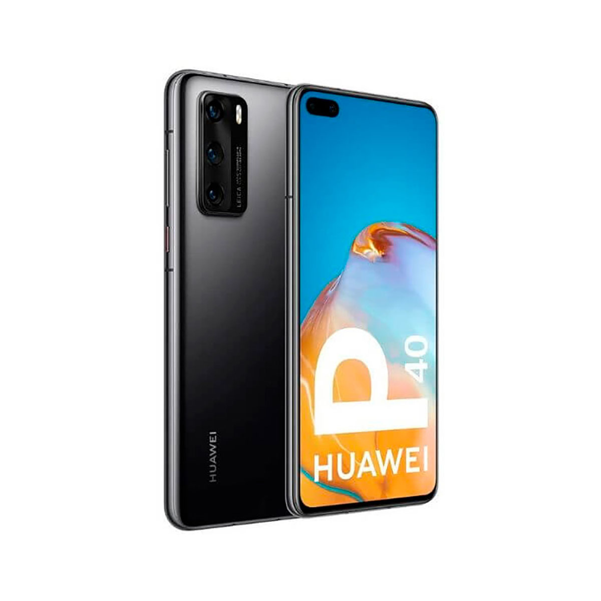 Ein schwarzes Huawei Smartphone mit drei Kameras auf der Rückseite und einem blauen Bildschirm.