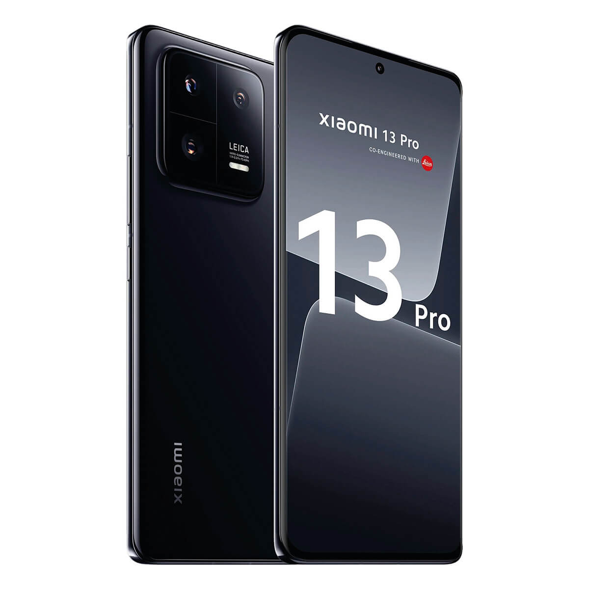 Ein schwarzes Xiaomi 13 Pro Smartphone mit Leica-Kamera und "13 Pro" auf dem Bildschirm.