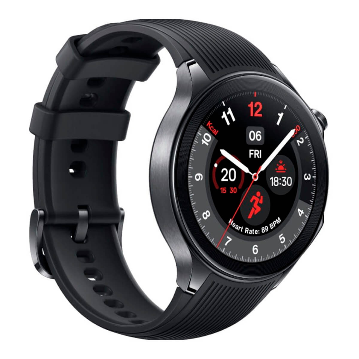 Czarny smartwatch z prążkowanym paskiem wyświetla godzinę, datę, tętno, ikony aktywności.