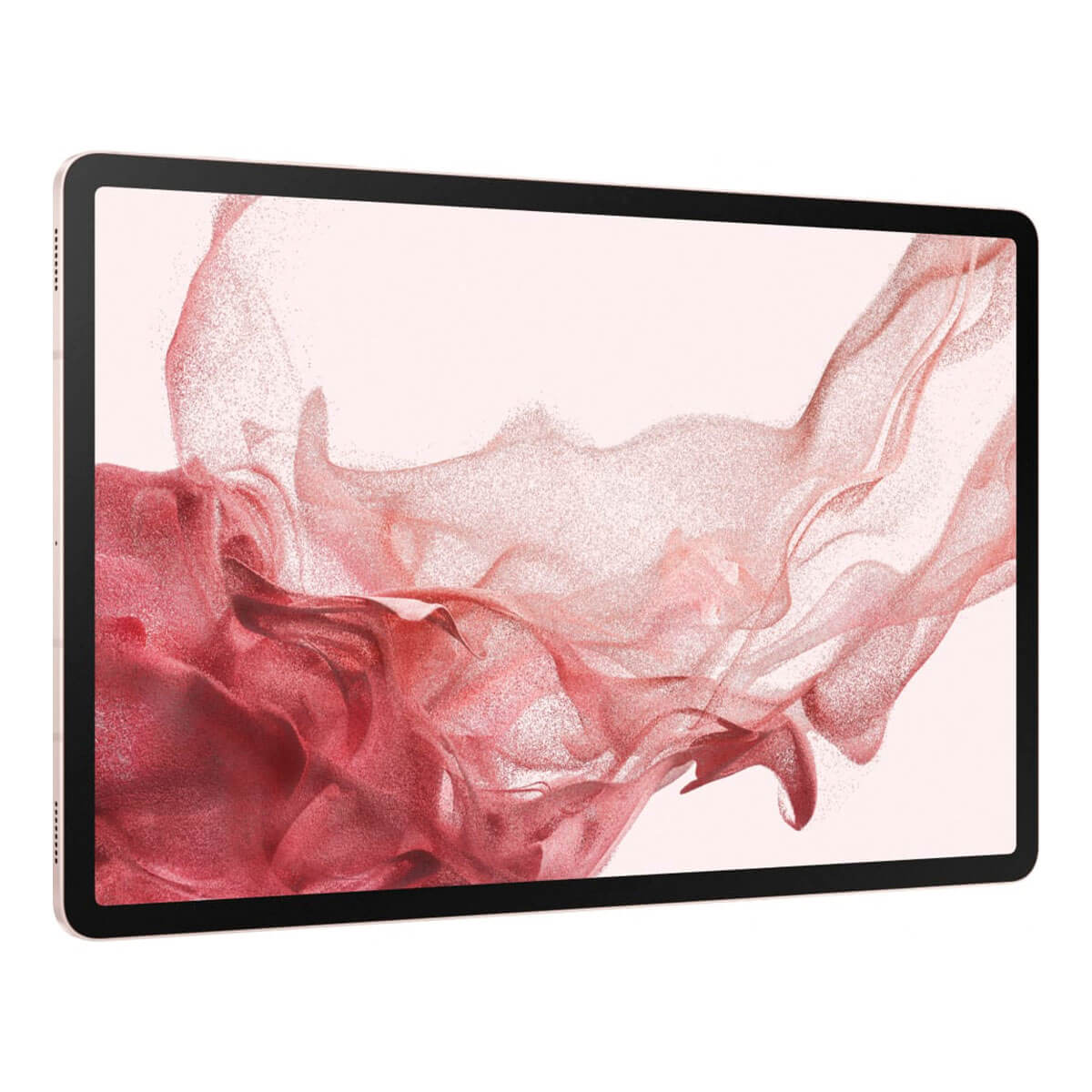 Una tableta que muestra un fondo de pantalla rosa parecido a humo.