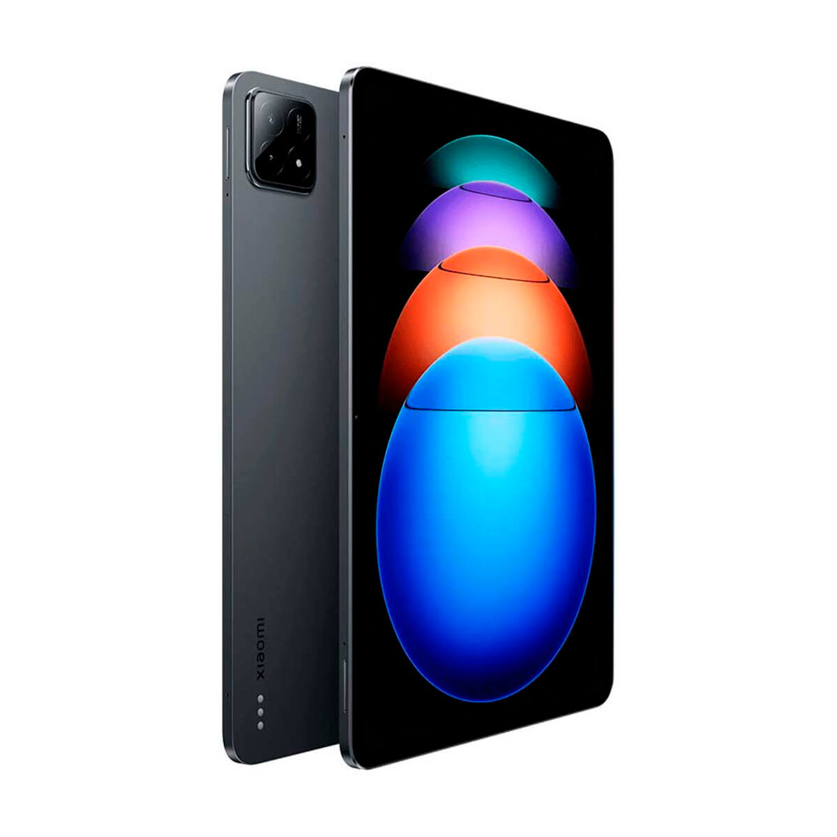 Ein dunkelgraues Tablet mit Kamerabeule, das bunte Kugeln auf seinem Bildschirm anzeigt.