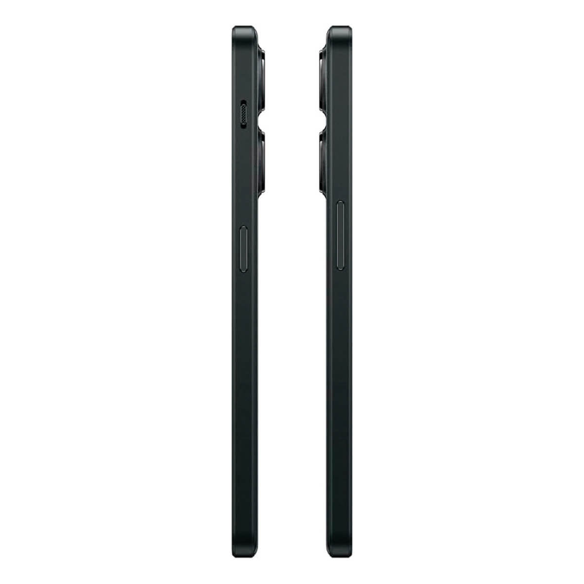 Two black smartphones side by side, viewed from the side.