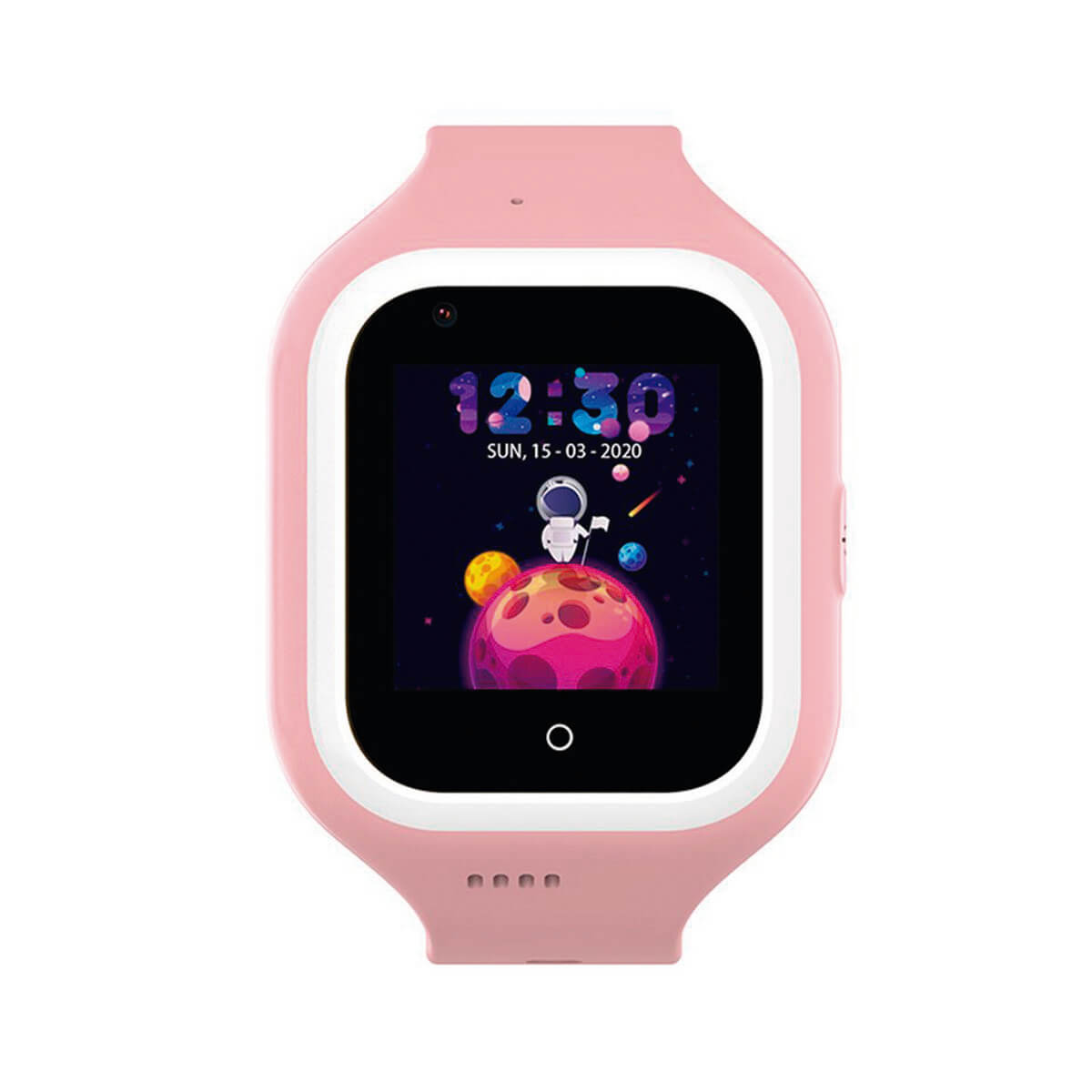 Un reloj inteligente rosa que muestra un tema espacial en su pantalla.