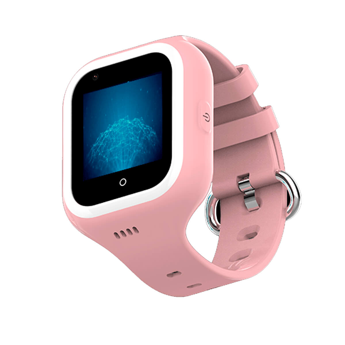 Un reloj inteligente rosa con pantalla cuadrada y correa rosa.