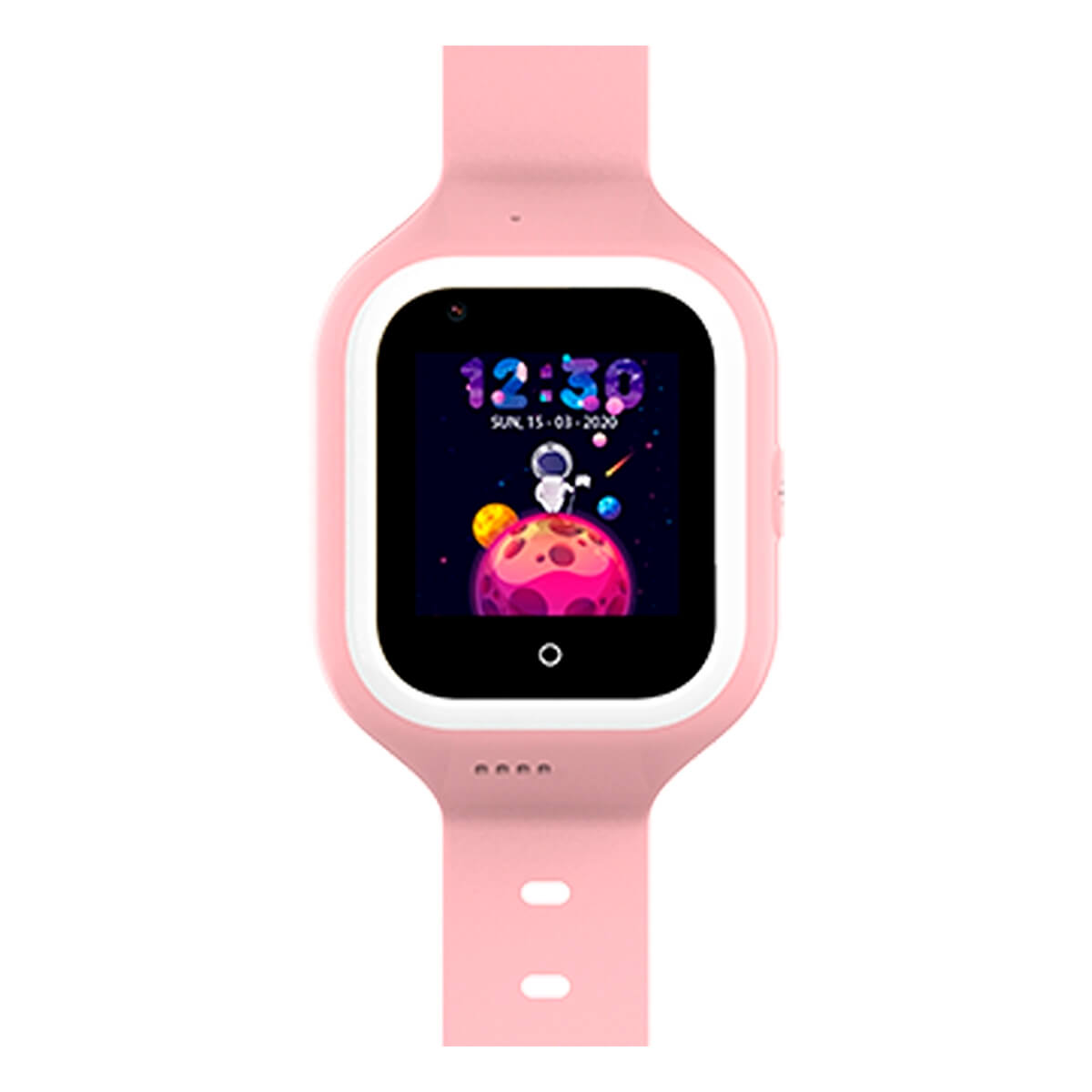 Un reloj inteligente rosa que muestra un fondo espacial con un icono de astronauta.