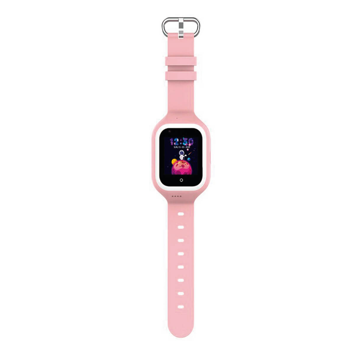 Un reloj inteligente rosa con pantalla colorida y cierre de hebilla.