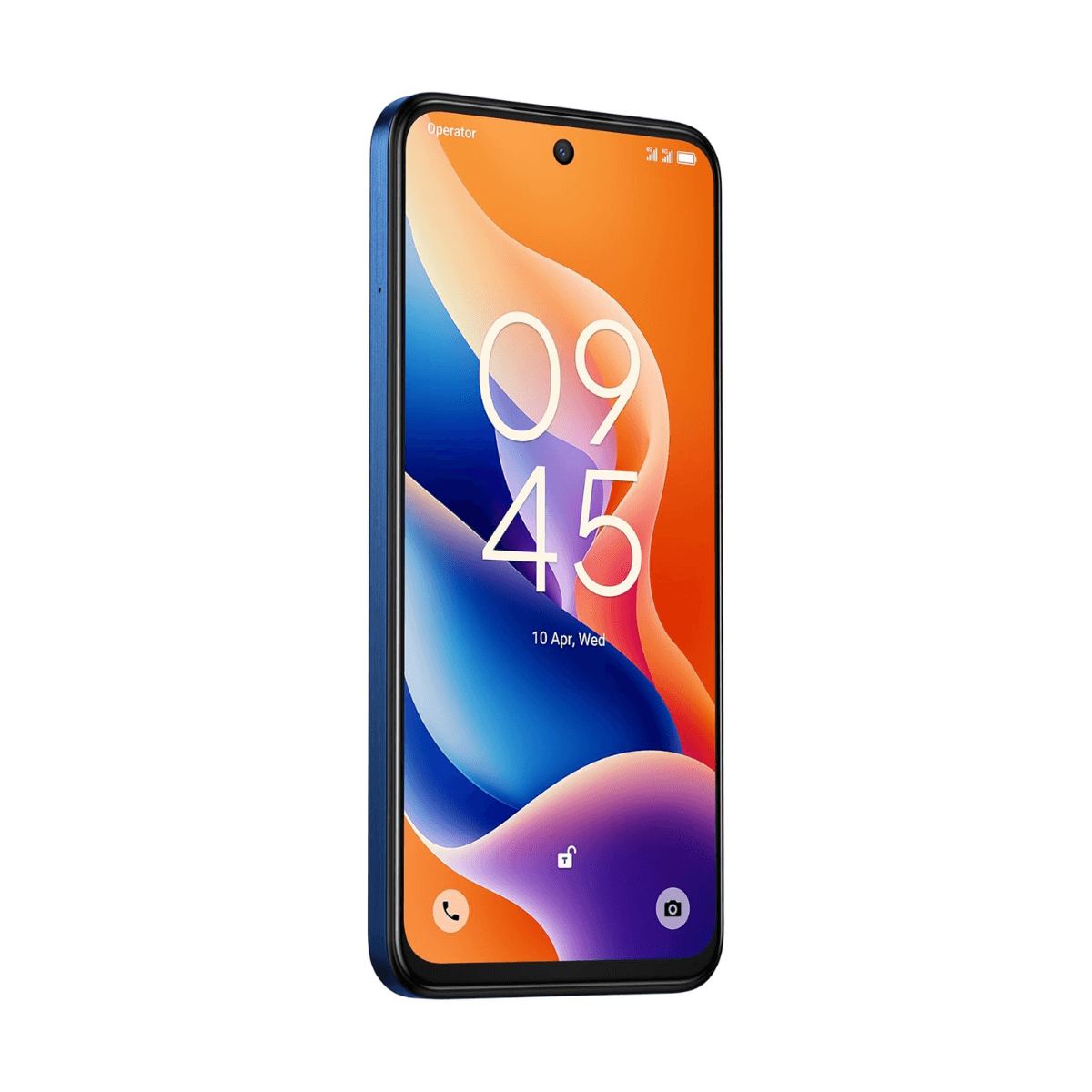 Niebieski smartfon z kolorową tapetą pokazującą godzinę 09:45.