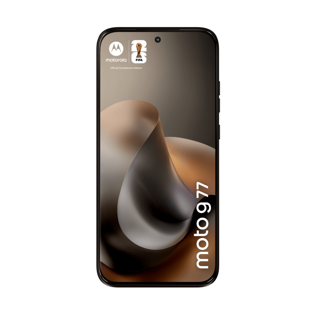 Smartfon Motorola moto g 77 z logo FIFA i abstrakcyjnym tłem.