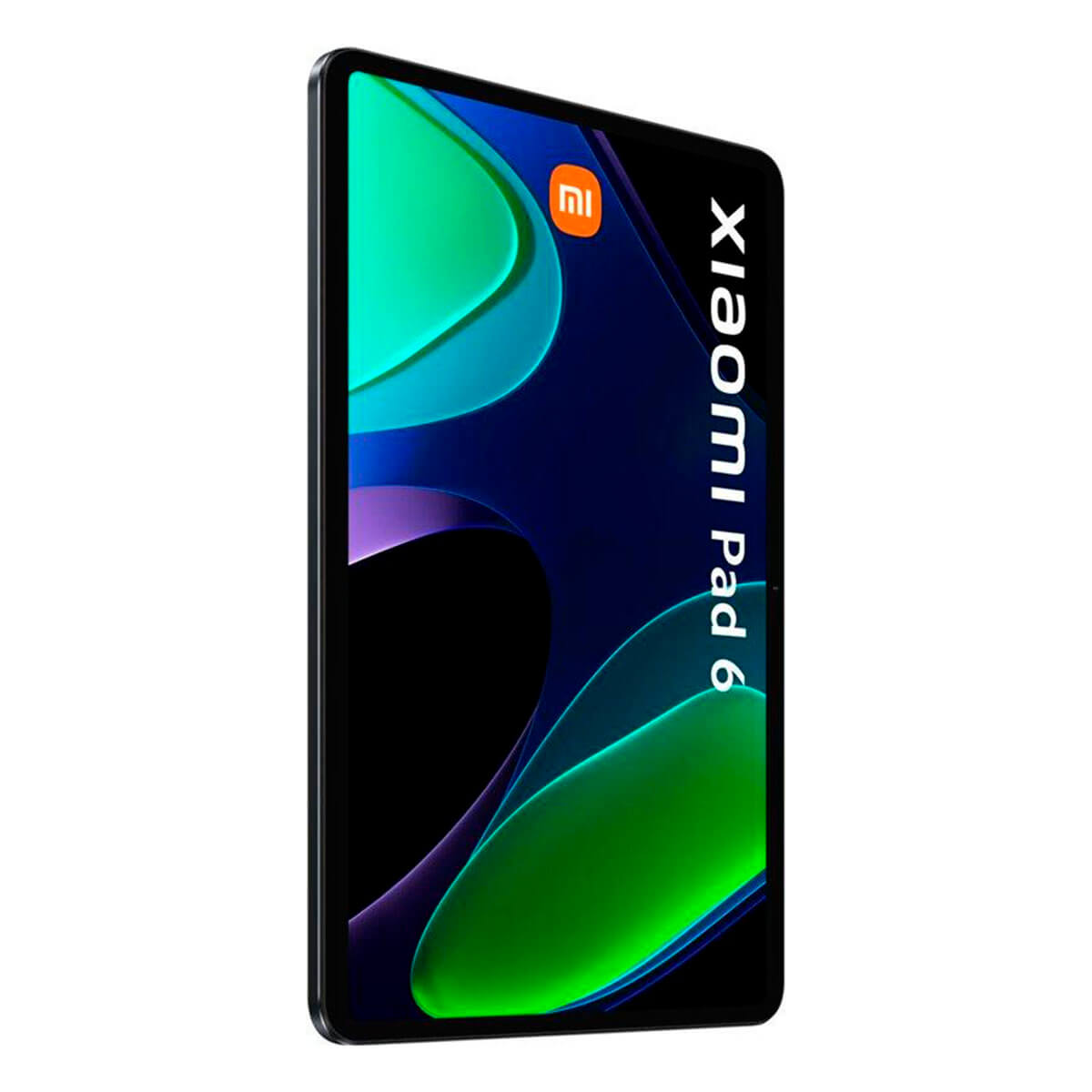 Ein schwarzes Xiaomi Pad 6 Tablet mit einem bunten Hintergrund auf dem Bildschirm.