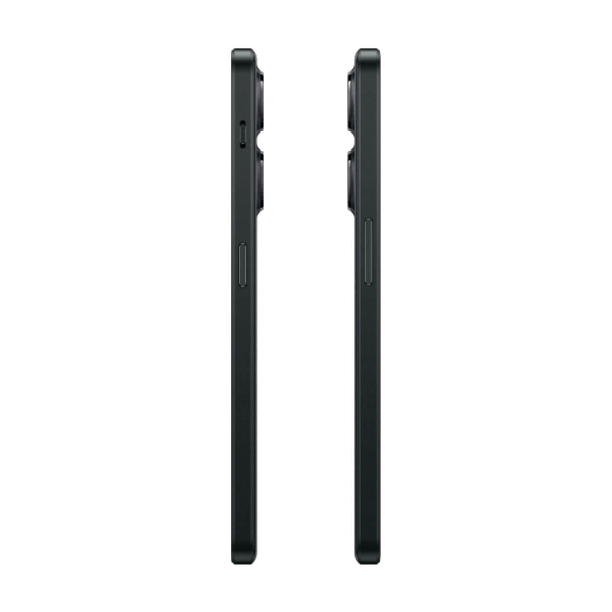 Two black smartphones, shown from the side with camera modules and buttons.