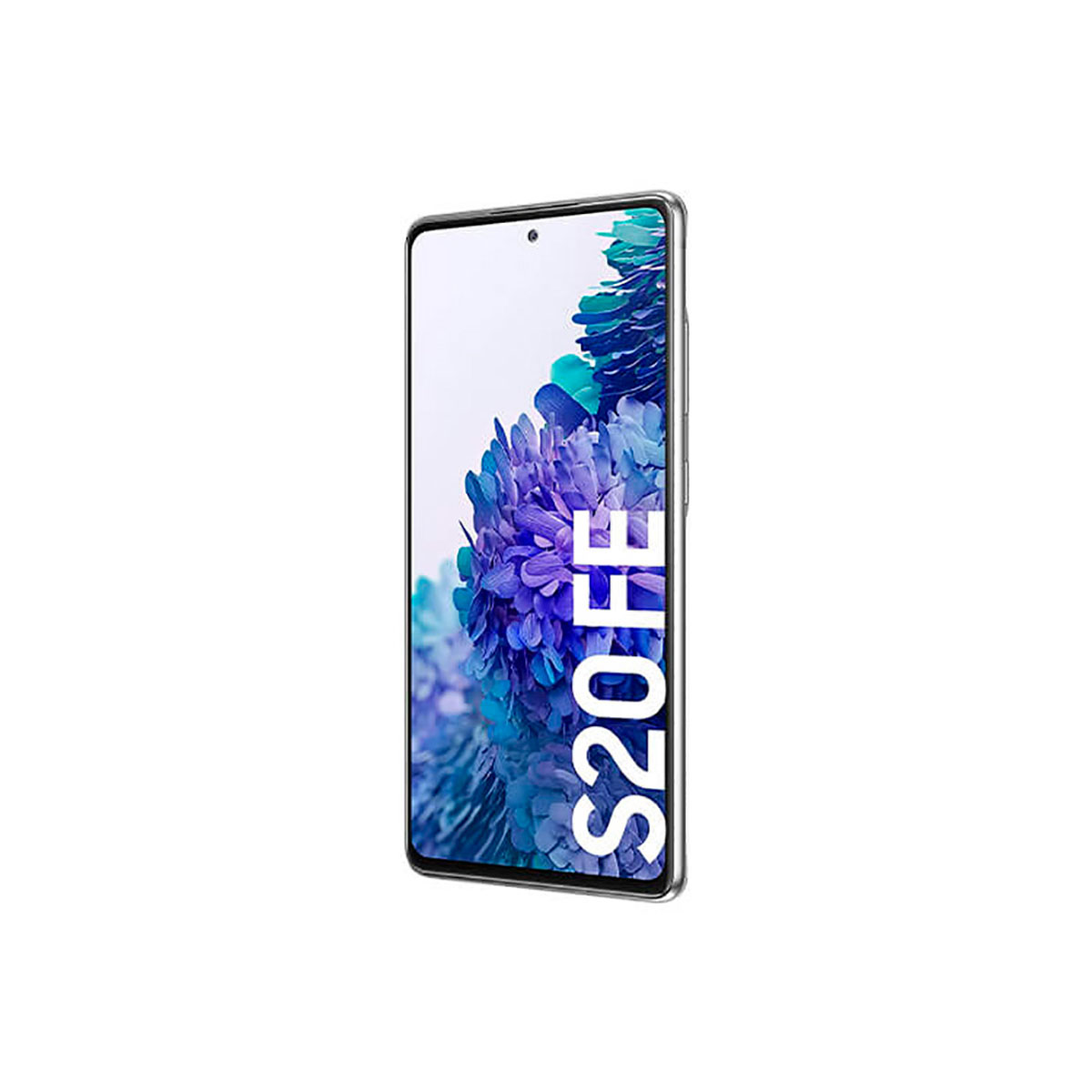 Silbernes Smartphone mit lila Blumen-Hintergrund, Text S20 FE.