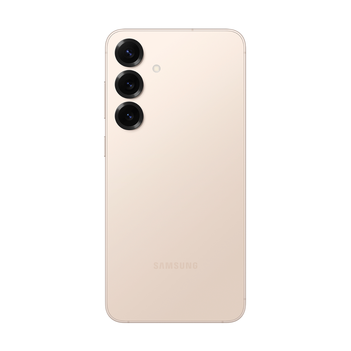 Back of a light beige Samsung smartphone with three camera lenses and Samsung logo.