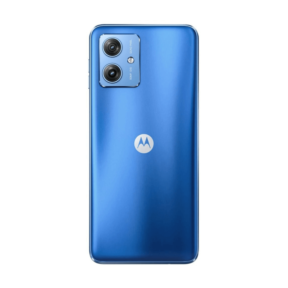 Teléfono Motorola azul trasero con cámara dual, texto "Quad Pixel" y "50MP OIS".