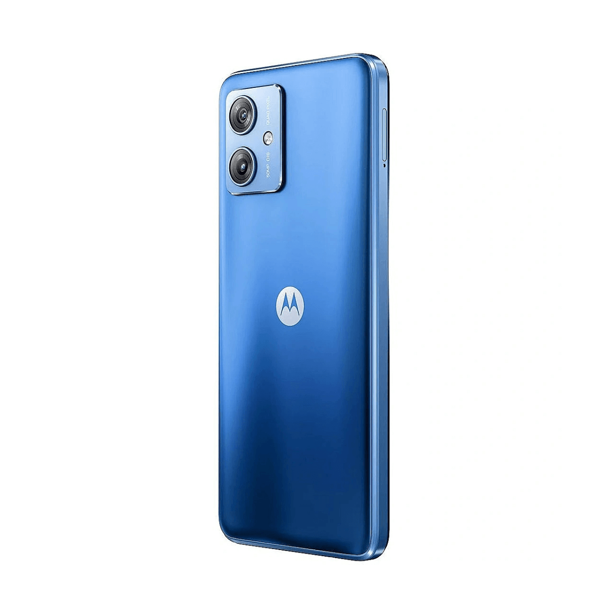 Un smartphone Motorola azul con doble cámara y un logo en la parte trasera.
