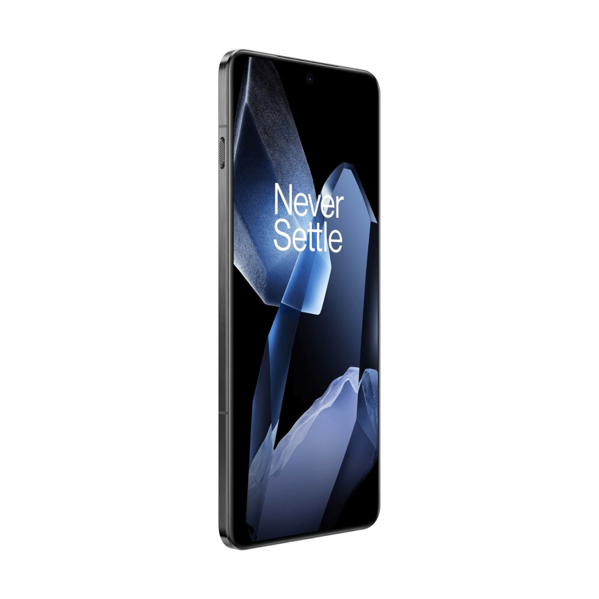 Smartfon wyświetlający stylizowane tło z niebieskimi kryształami i napisem „Never Settle”.