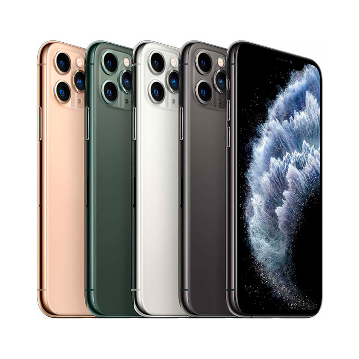 Cztery iPhone'y w kolorze różowym, zielonym, białym i czarnym obok siebie. Jeden ekran jest otwarty.