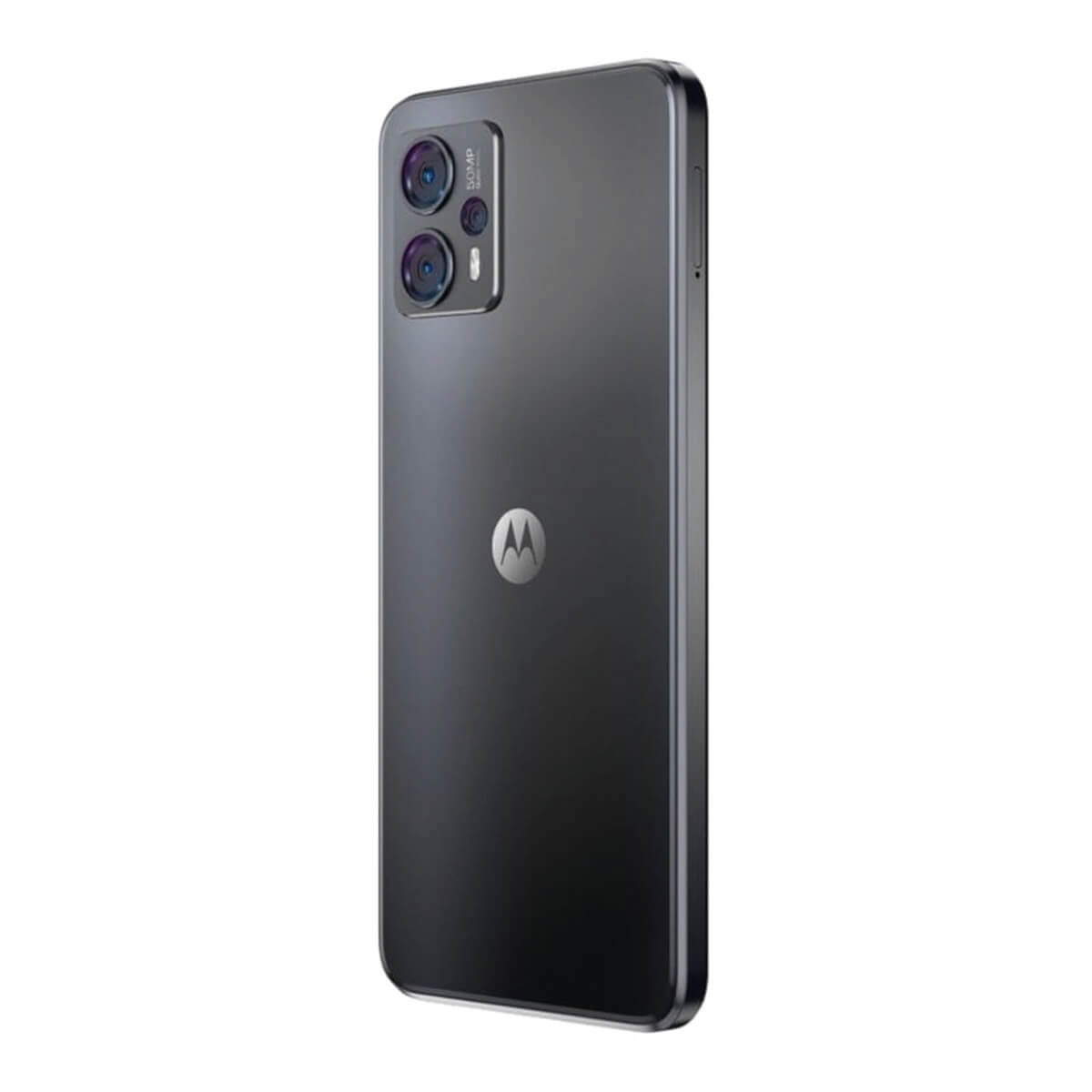 Parte trasera de un smartphone Motorola oscuro con tres cámaras y logo Motorola.