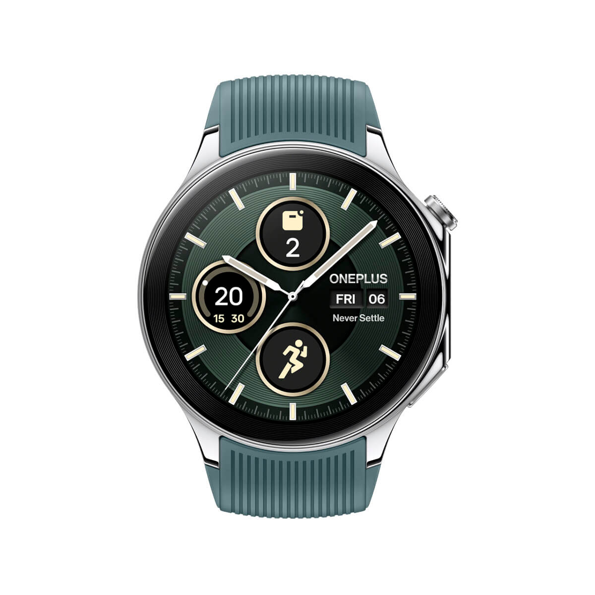 Zielony smartwatch z silikonowym paskiem wyświetlający czas i aktywność.