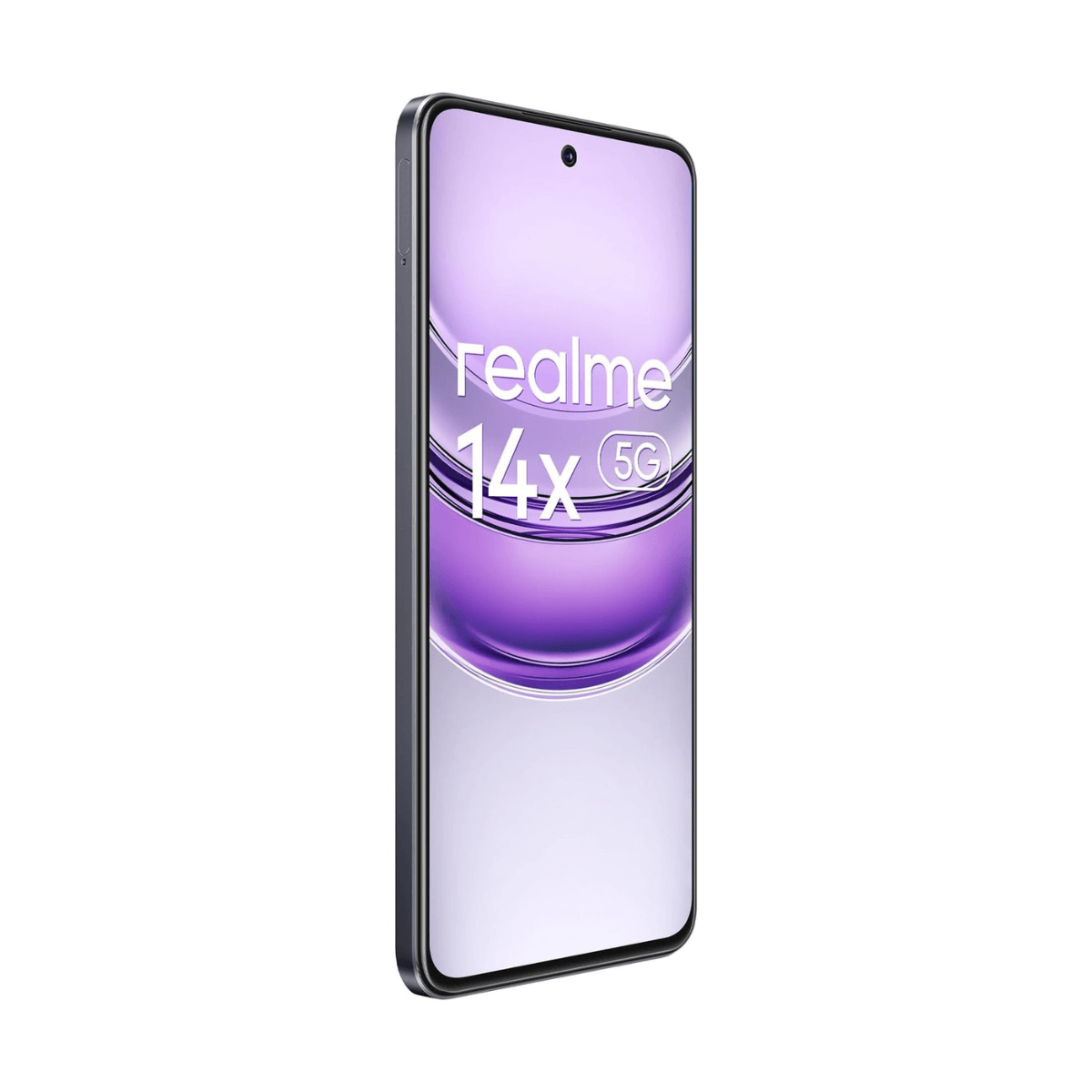 Szary smartfon z napisem "realme 14x 5G" na fioletowym tle.