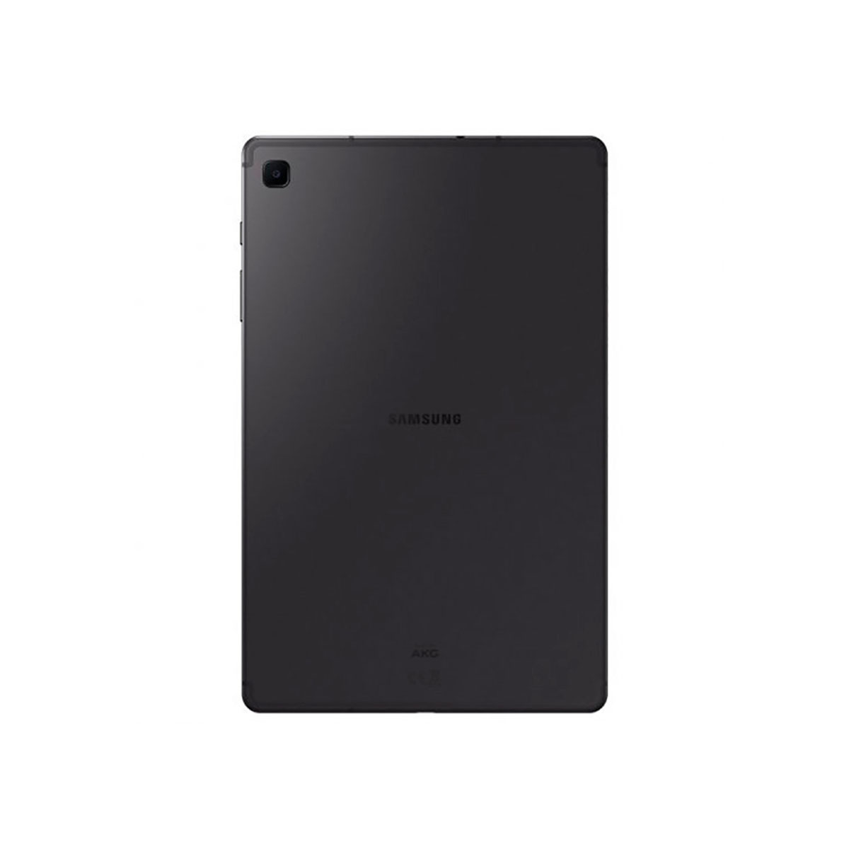 Dunkelgraues Samsung-Tablet, Rückansicht. Kamera und Logos sichtbar.