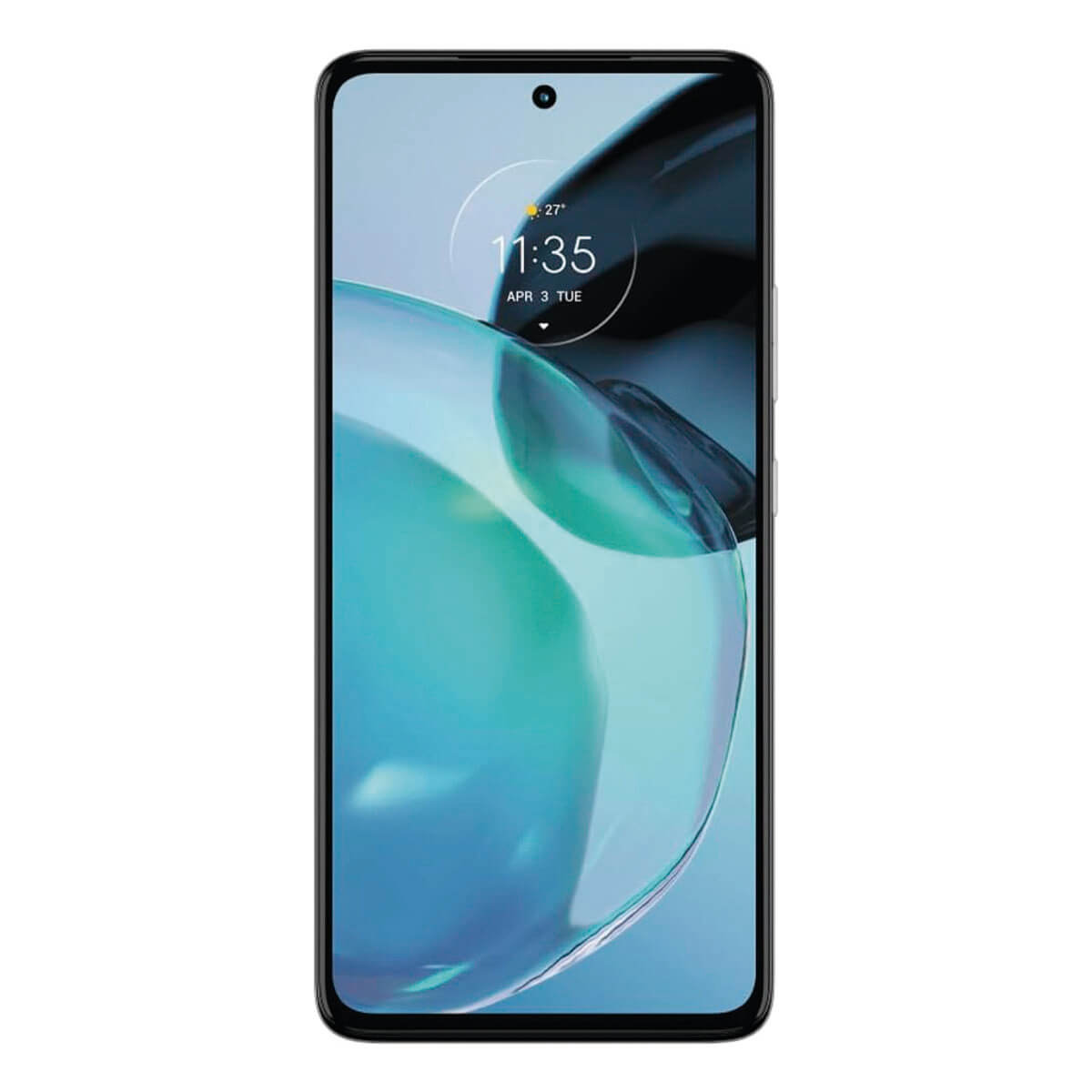 Czarny smartfon z niebiesko-turkusową tapetą. Jest 11:35.