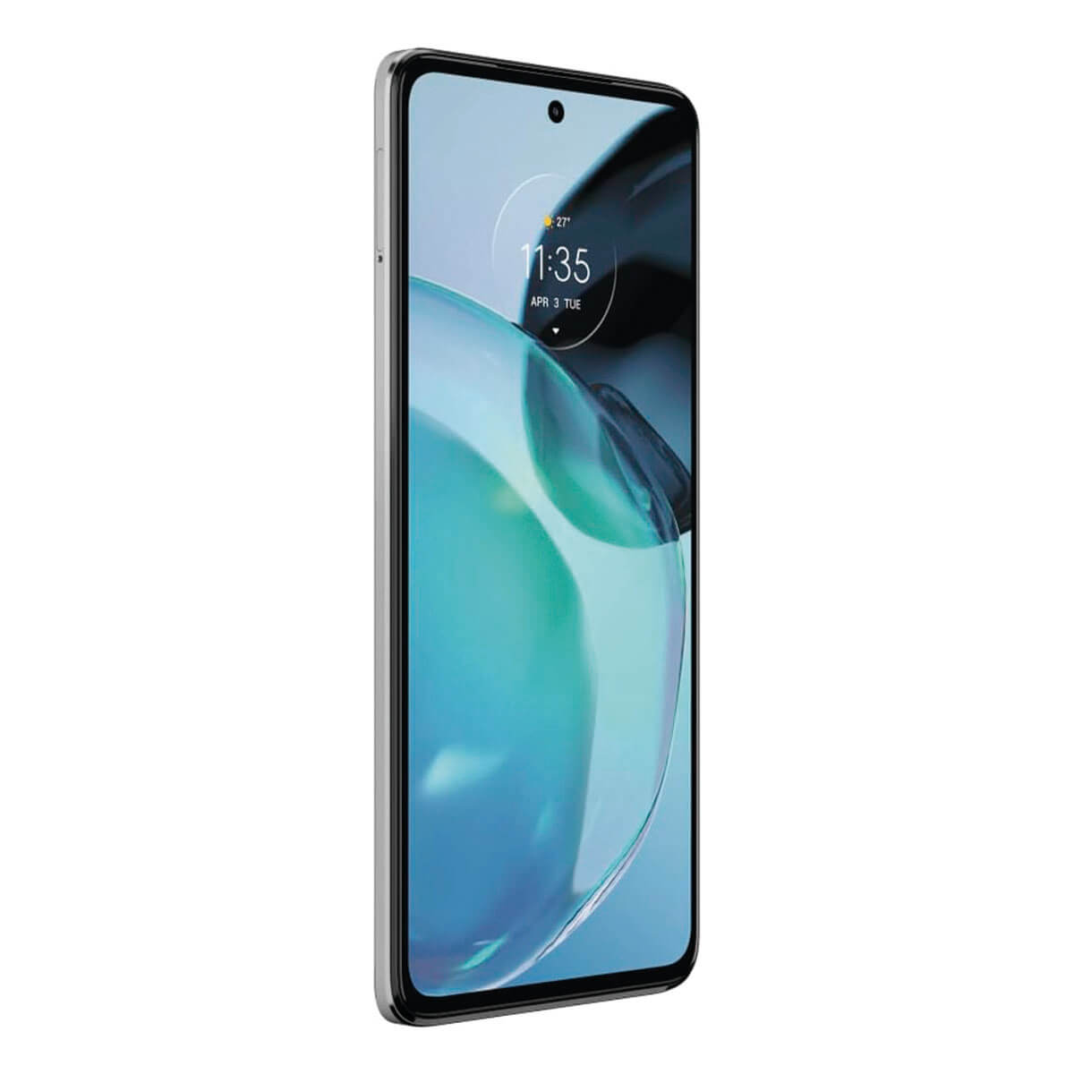 Srebrny smartfon wyświetla 11:35 i 3 kwietnia na ekranie, na niebieskim tle.